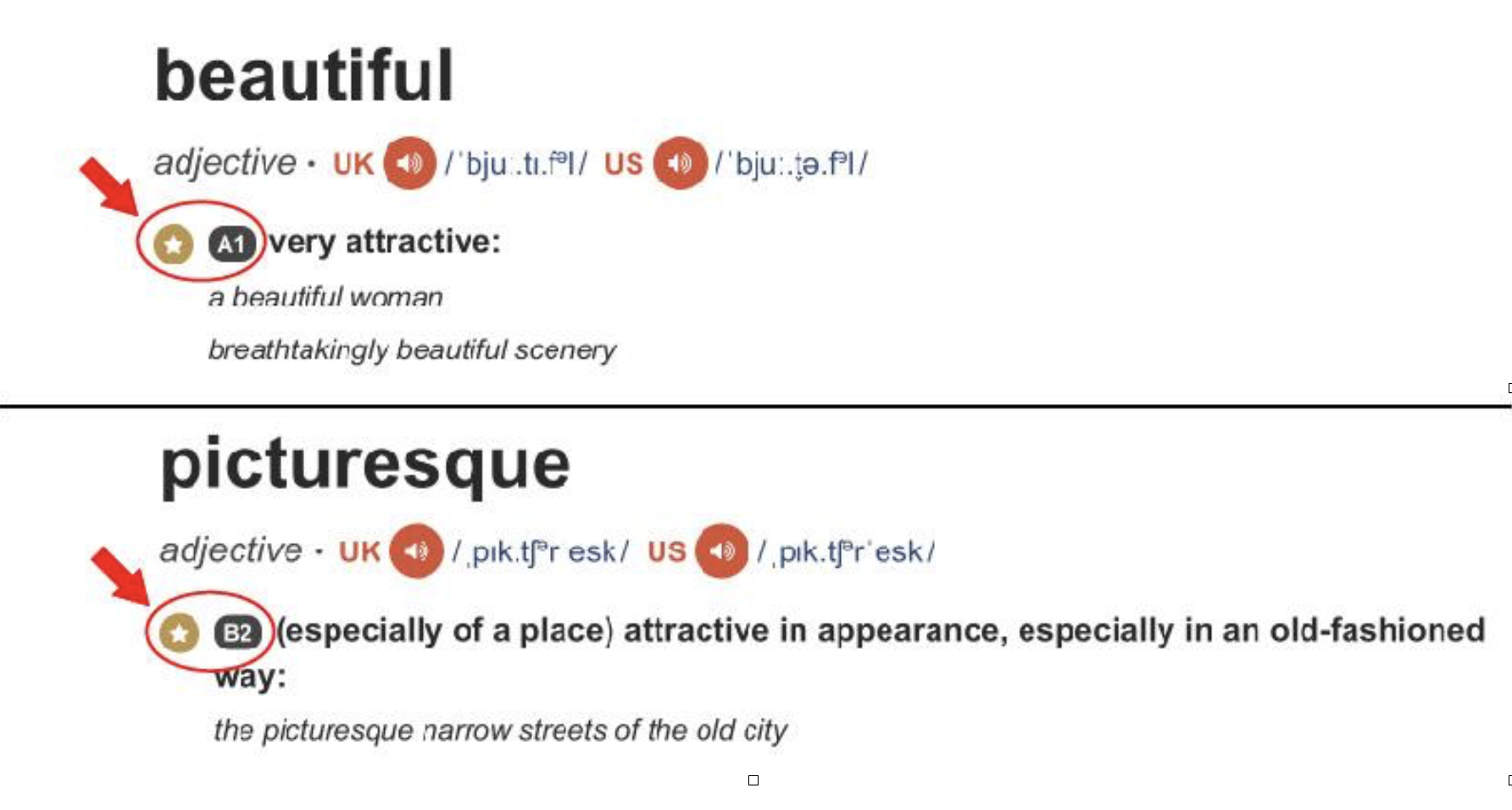 Người mới học tiếng Anh nên học từ “beautiful” vì từ này dành cho trình độ A1, thay vì từ “picturesque” vì từ này ở trình độ B2.